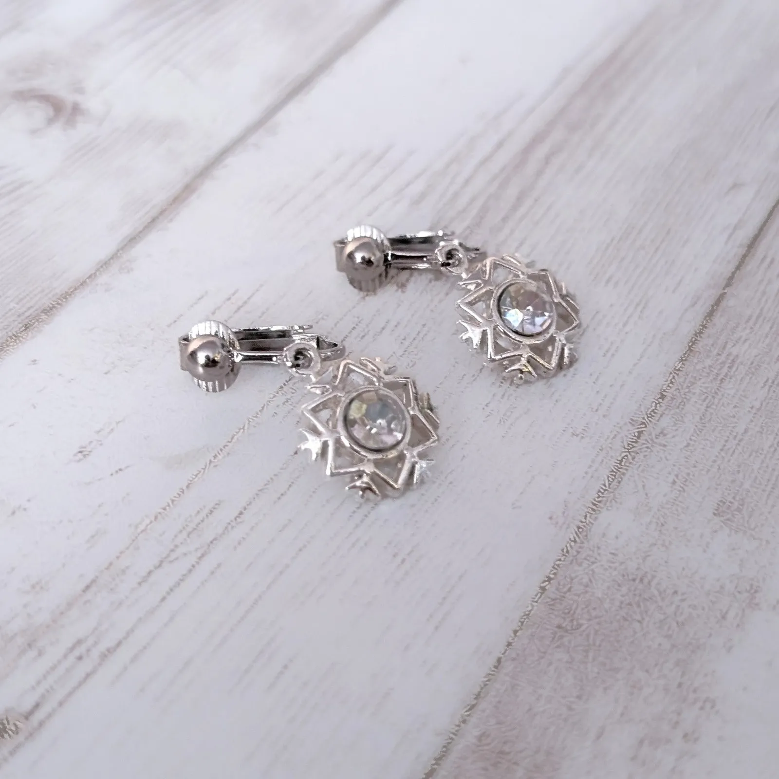 Vintage Clip On Earrings Silver Tone with Gem - Image 3
