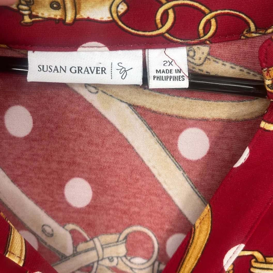 Susan Graver Liquid Knit Button Shirt Sz 2X Red Equestrian Scarf Print Dot Chain - Image 8