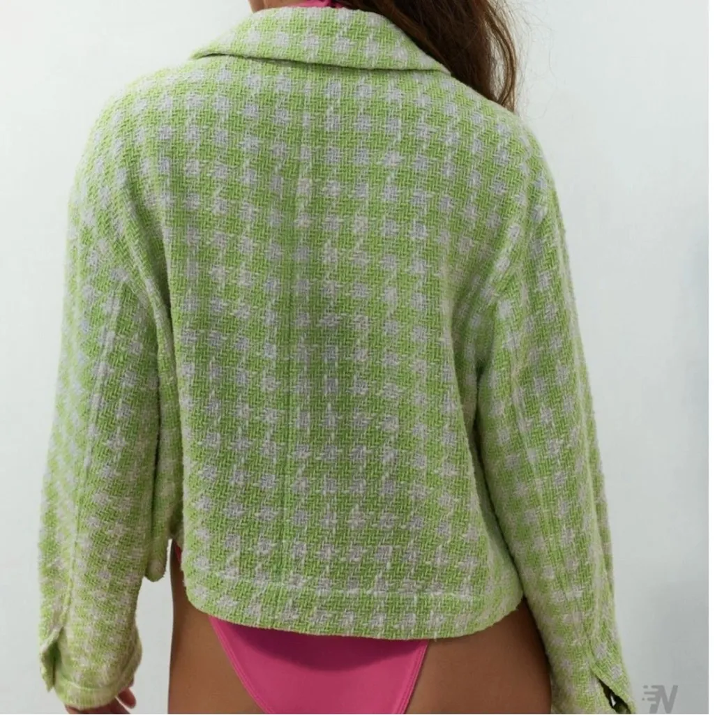 ZARA  Green White Houndstooth Tweed Gold Button Crop Jacket Blazer - Image 5