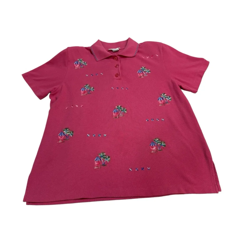 Vintage Coastal Grandma Palm Tropical Embroidered Polo Shirt - Image 2