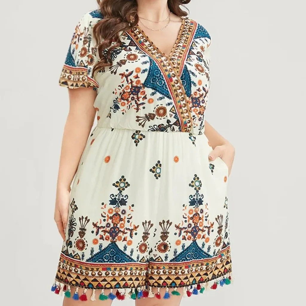 Bloomchic Bandana Print Trim Ruffles Sleeve Pocket Wrap Jumpsuit Ivory 18 - Image 2