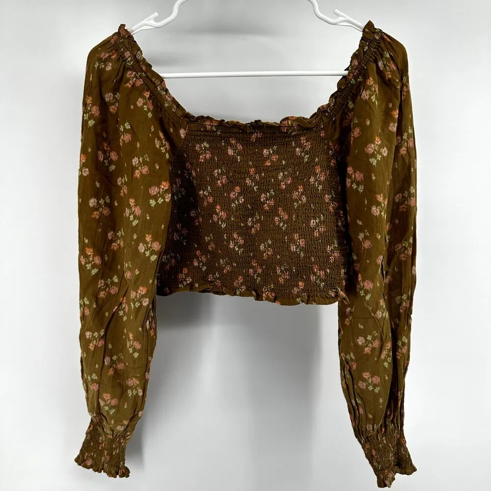 Aerie Crop Top Long Puff Sleeve Floral Print Smocked Ruffle Square Neck Brown S - Image 7