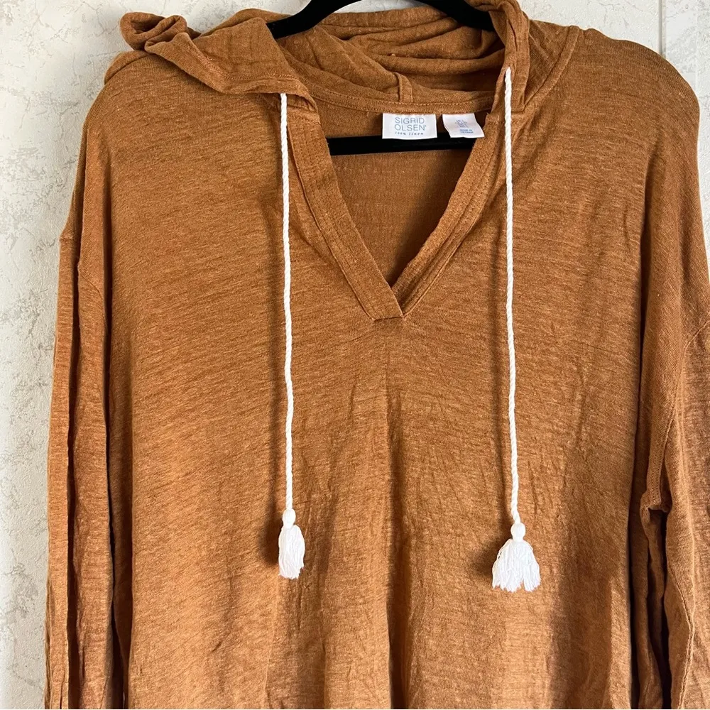 Sigrid Olsen 100% Linen Hooded Long Sleeve Brown Top Womens L Lightweight Hoodie - Image 4