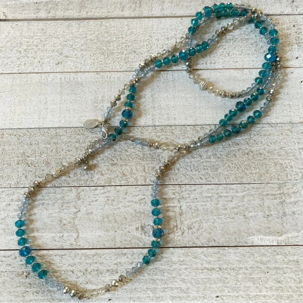 White House Black Market Blue, Clear, Silver Glass Beaded Necklace 53” - Image 2