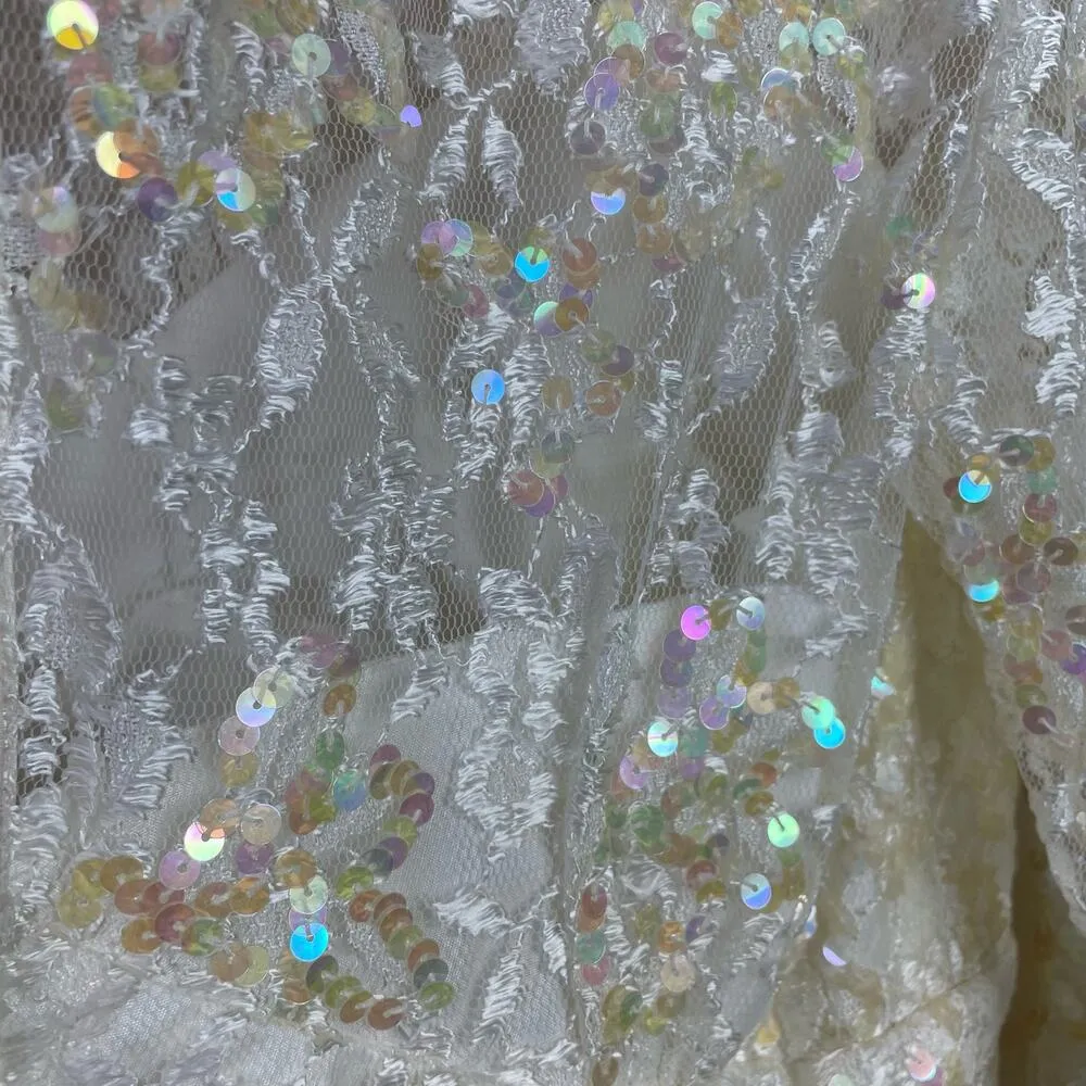 Vintage 80s 90s Marie St Claire Ivory Sequin Embroidered Lace Sheer Dress 8 new - Image 11