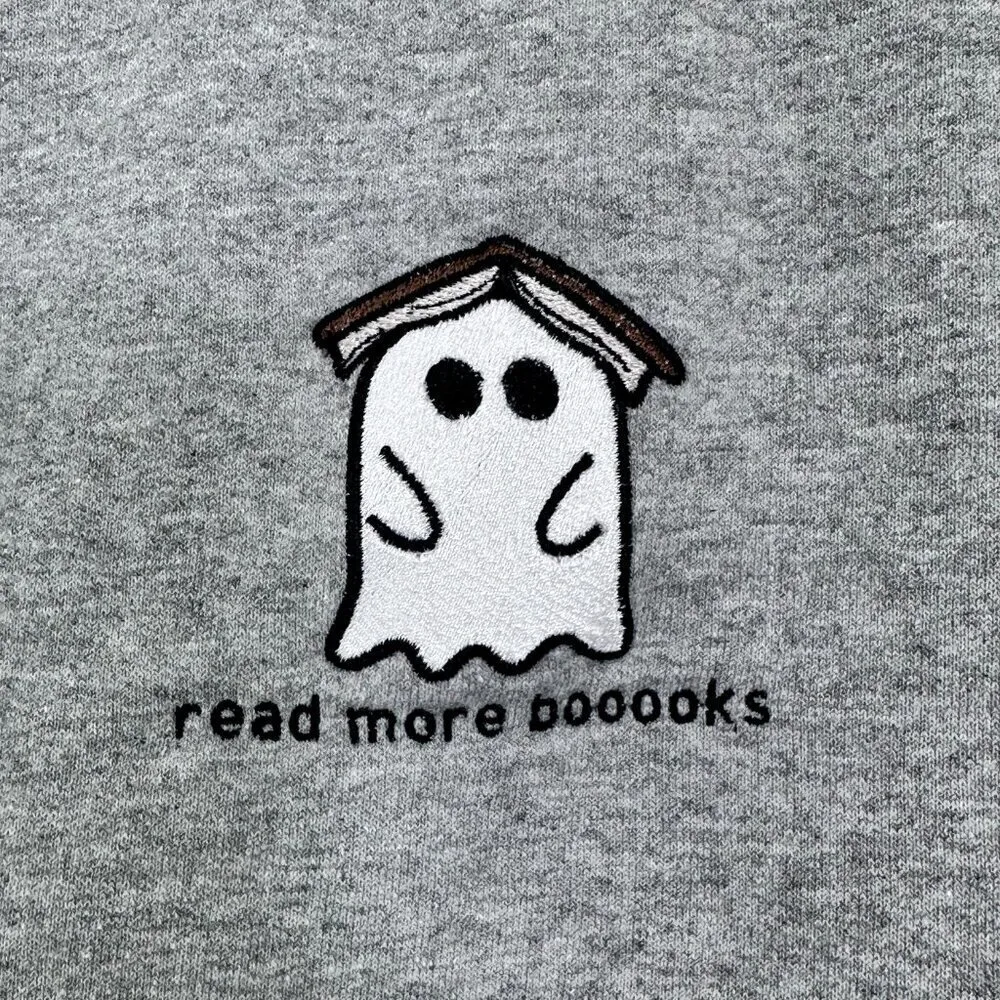 Embroidered Bookworm Read More Boooks Spooky Ghost Book Grey Crewneck Sweatshirt - Image 4