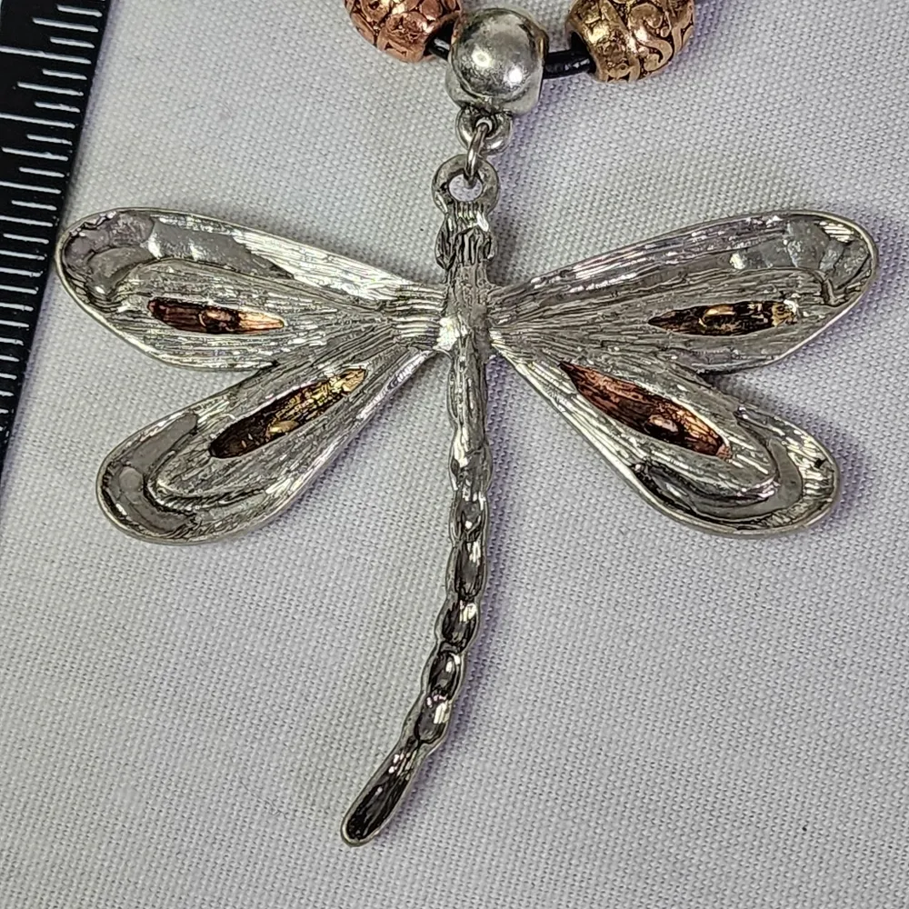 Silver Dragonfly Pendant Black Leather Cord Necklace Earrings Set New Gold - Image 5