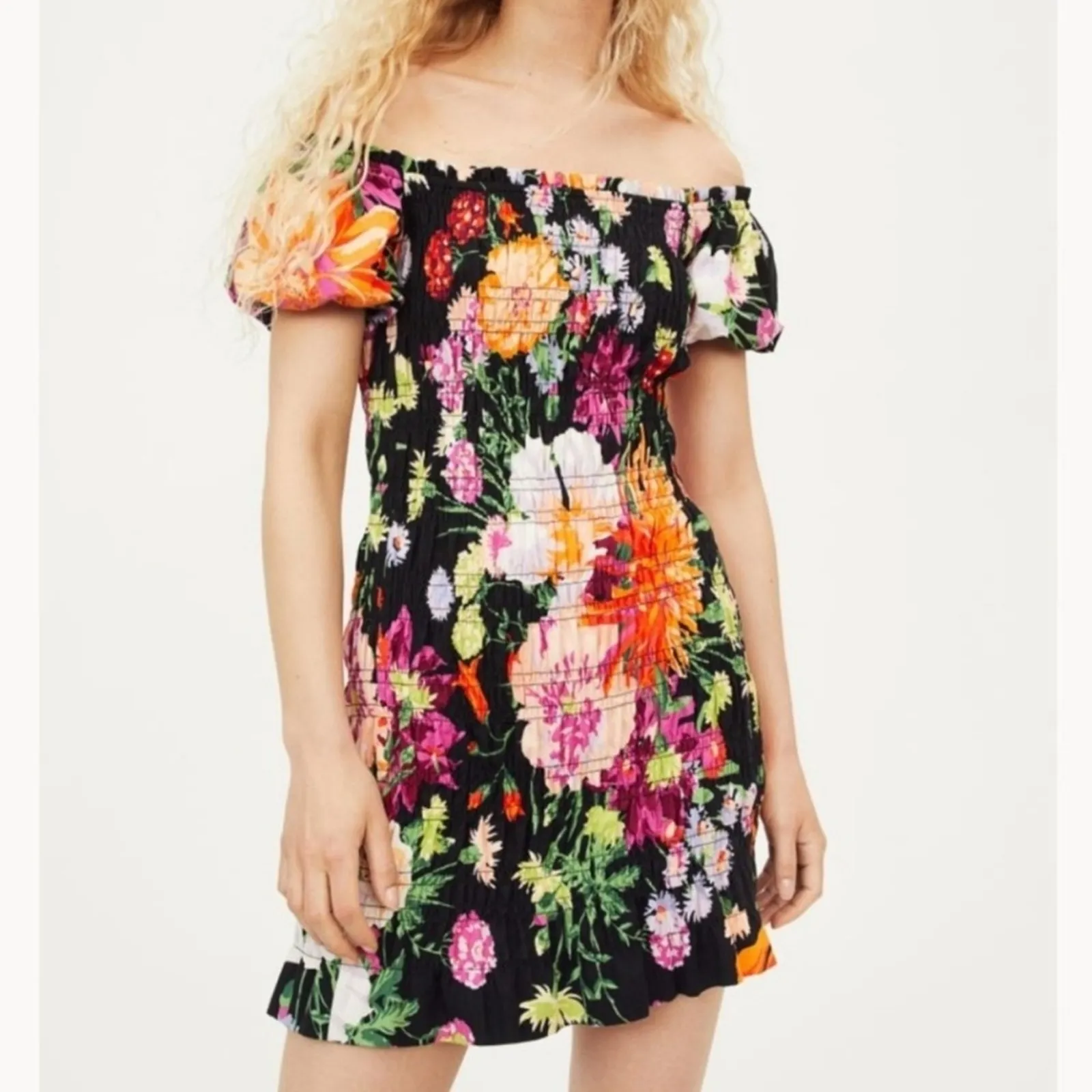 H&M Dress Black Pink Orange Floral Smocked Off Shoulder Puff Sleeve Large NEW - Image 15