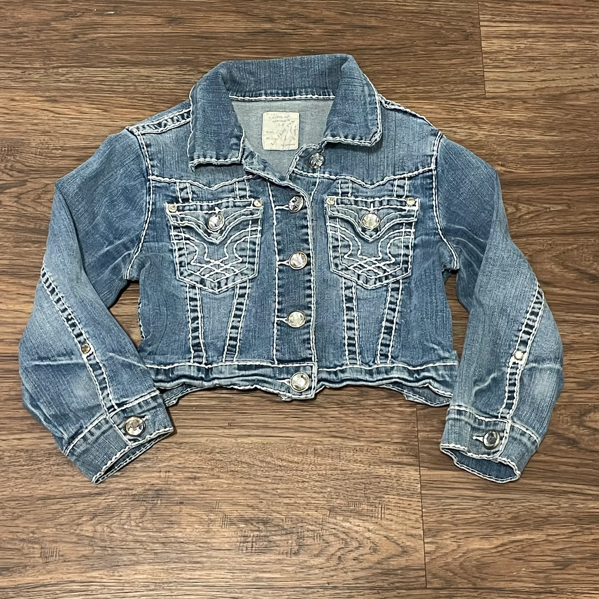 L.A. Idol USA L.A. Idol Cropped 3/4 Sleeve Stretchy Denim Bling Gem Jacket Size Large  - Image 9