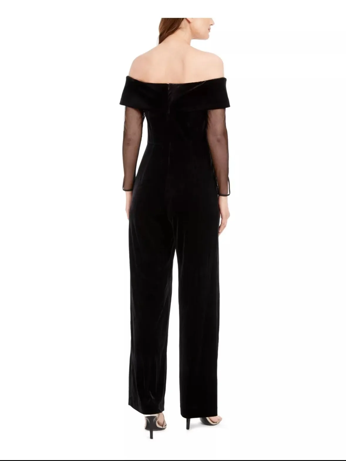 Velvet Off Shoulder Velour Sheer Mesh   Long Sleeve Wide Leg Whimsygoth Holiday Jumpsuit Black Zip - Image 2