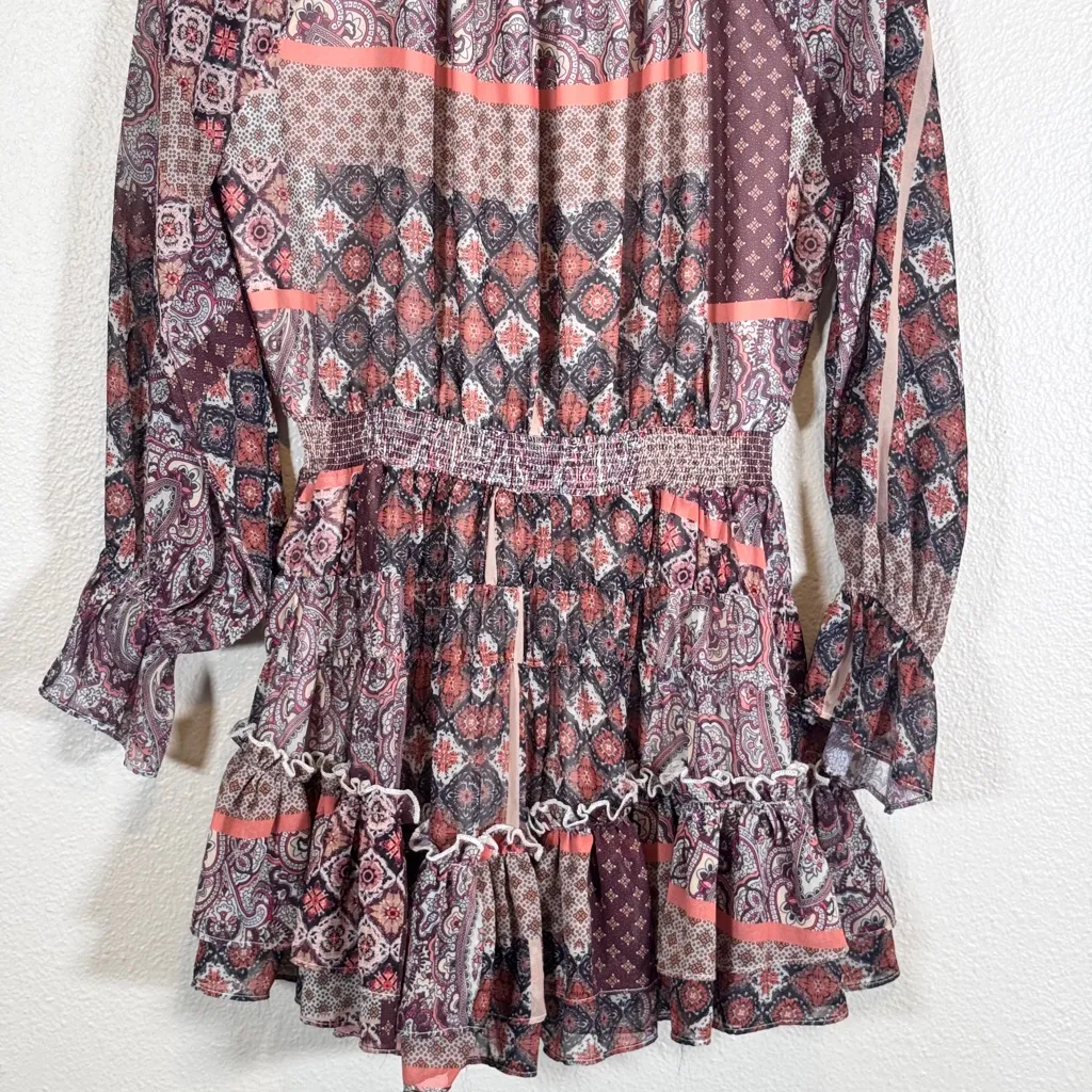 Fate Brown Paisley Floral Boho Mini Dress Womens M Ruffled Tiered Romantic Girly Size M - Image 6