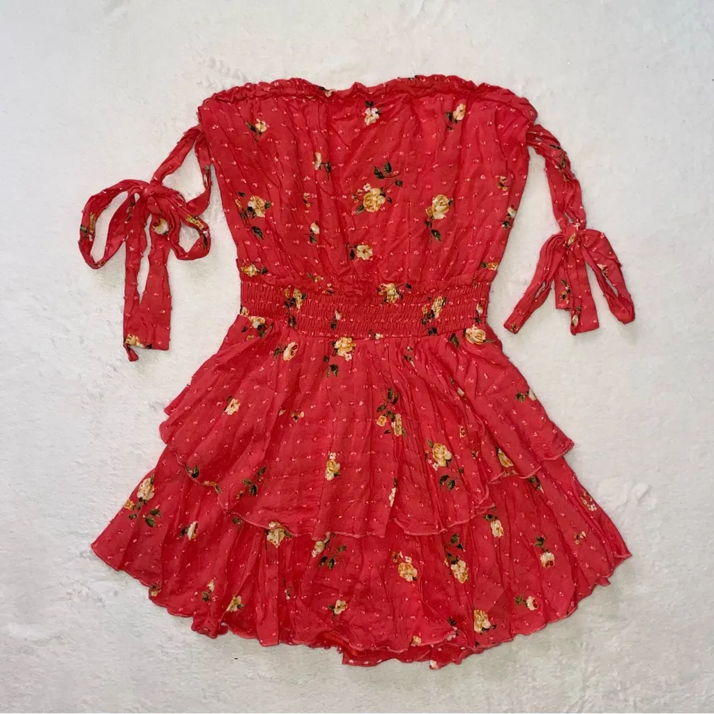 FAVLUX Womens  Strapless Floral Red Ruffle Romper size Small - Image 2