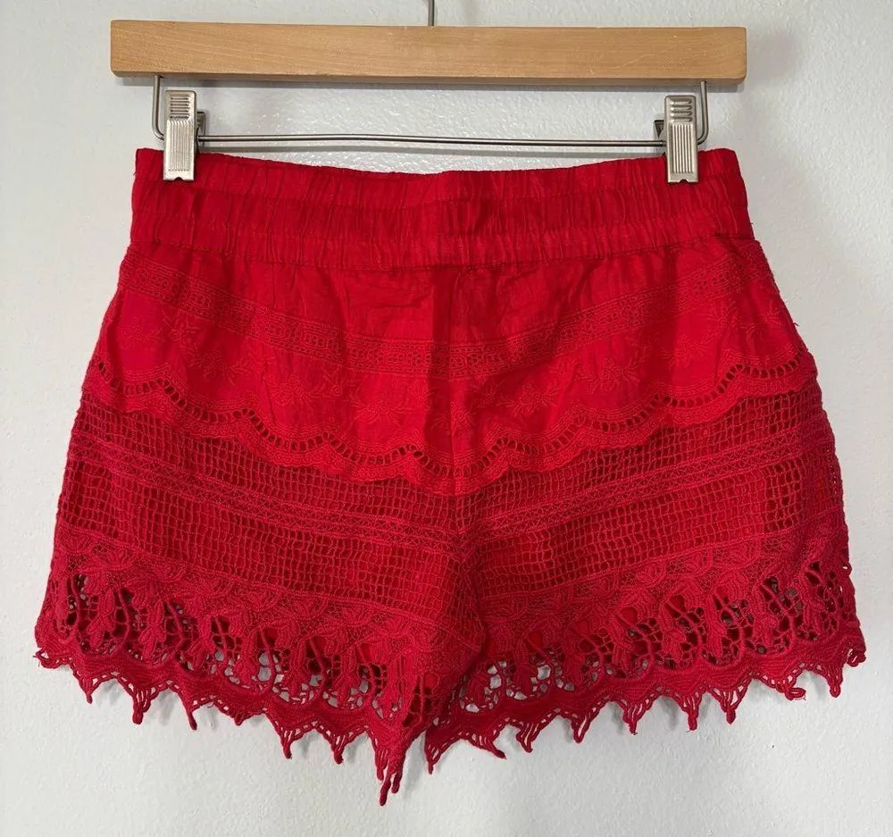 No Boundaries Boho Red Lined Crochet Summer Shorts Size XS - Image 5