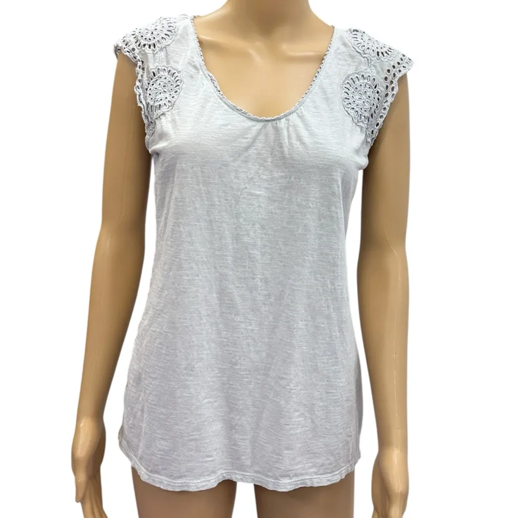 Cotton Ann Taylor Loft Pale Blue Gray Crochet Lace Cap Sleeve Scoop Neck Size M - Image 3
