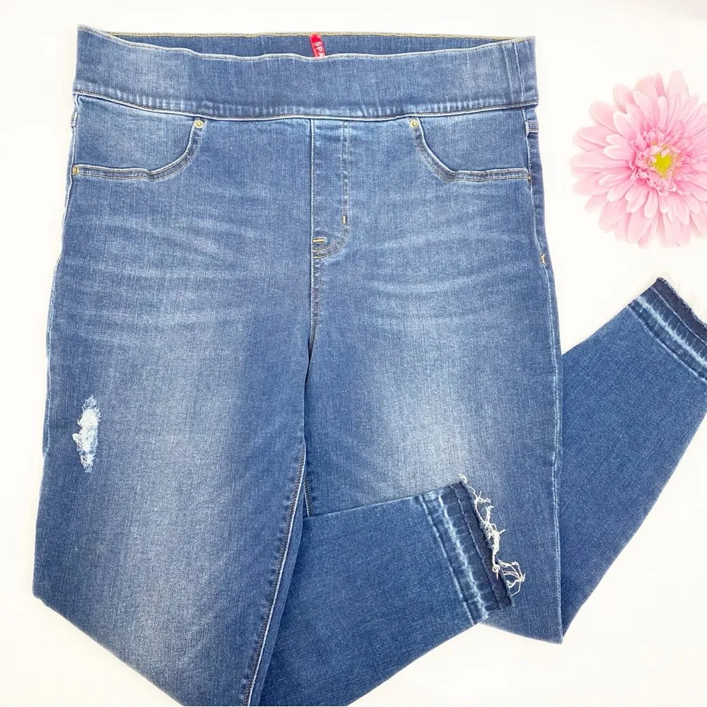 SPANX Distressed Ankle High Rise Skinny Jeans: Medium Wash - Image 6