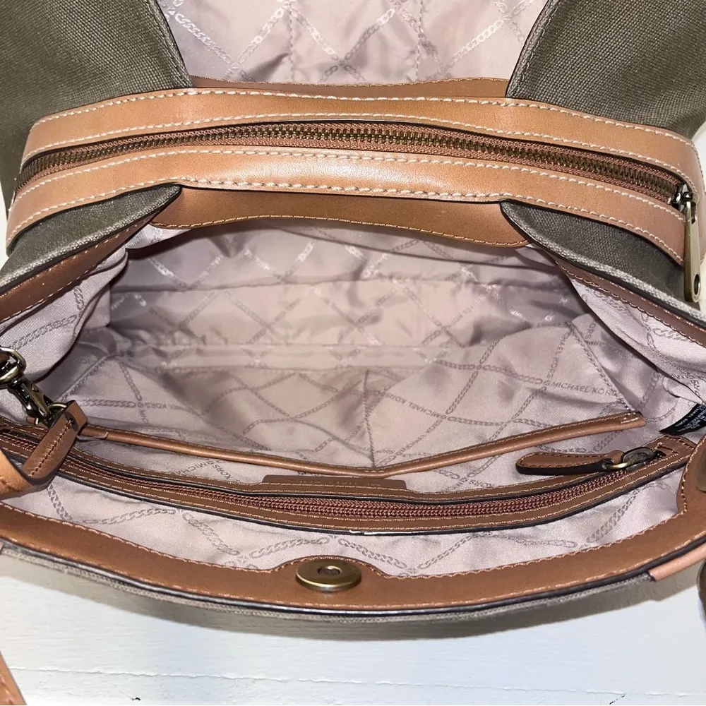MICHAEL KORS Olive Camel Raven Canvas Leather Shoulder Tote Purse Handbag - Image 10