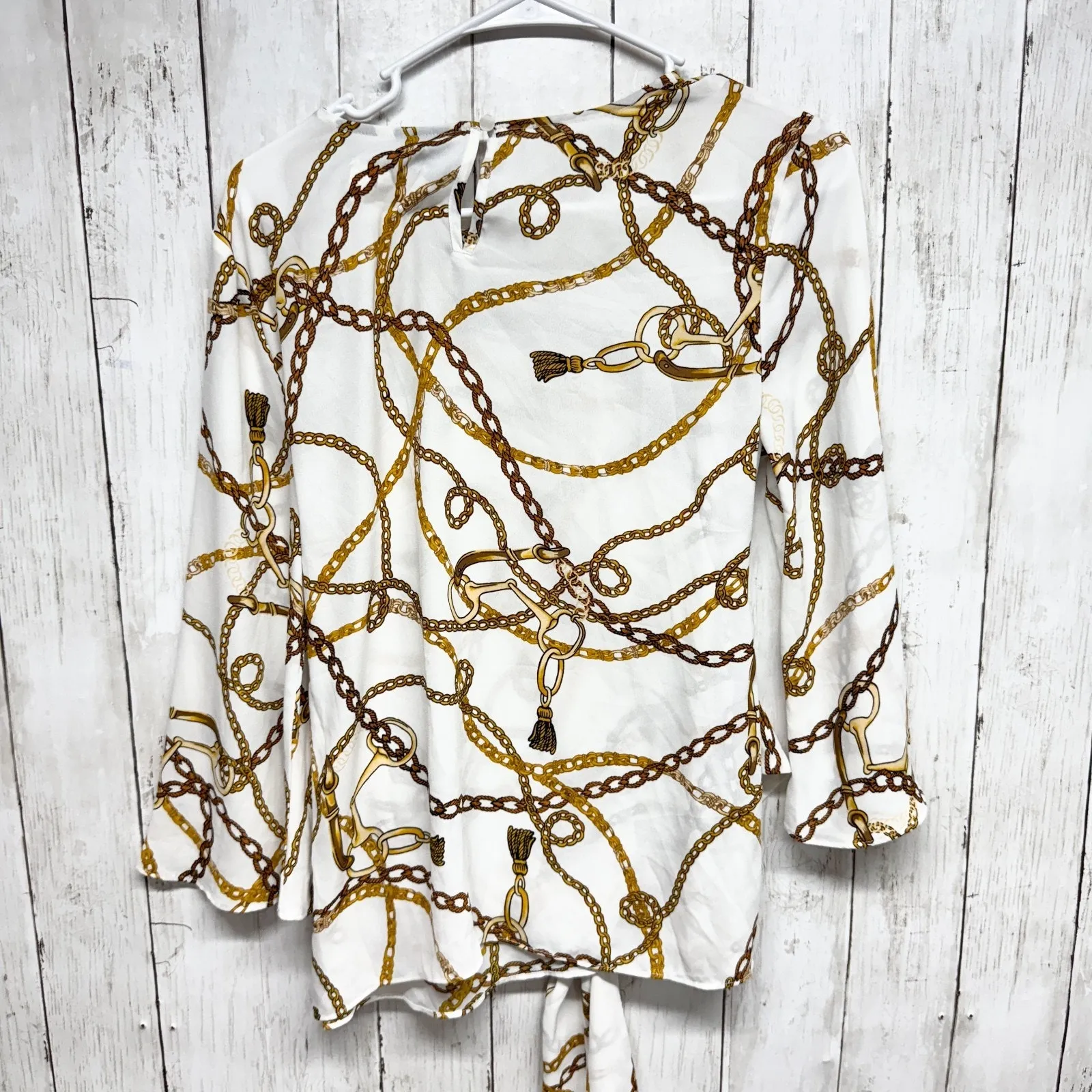 Worthington Shirt Women Size Small White Chain Tie Front Long Sleeve Blouse - Image 2