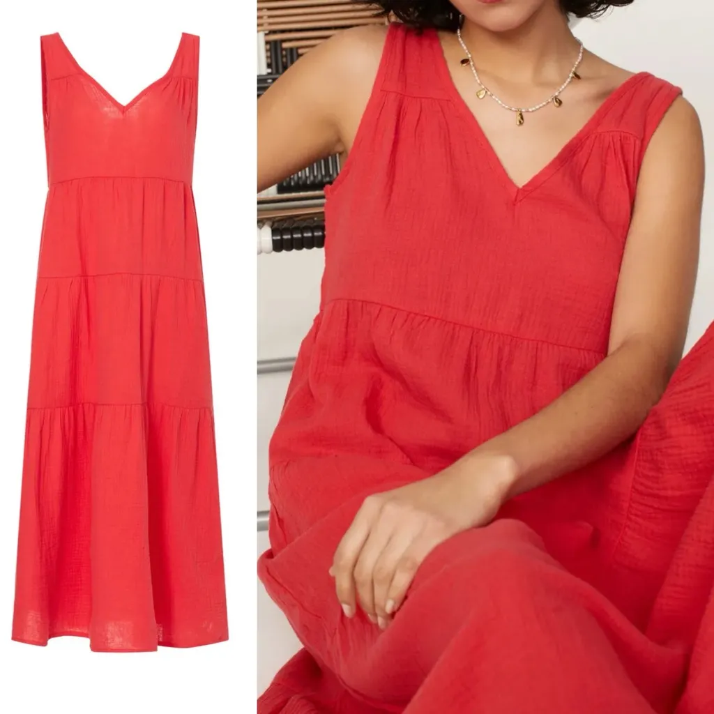 Marine Layer Corinne Double Cloth Gauze 100% Cotton Maxi Dress Red Boho Coastal - Image 6