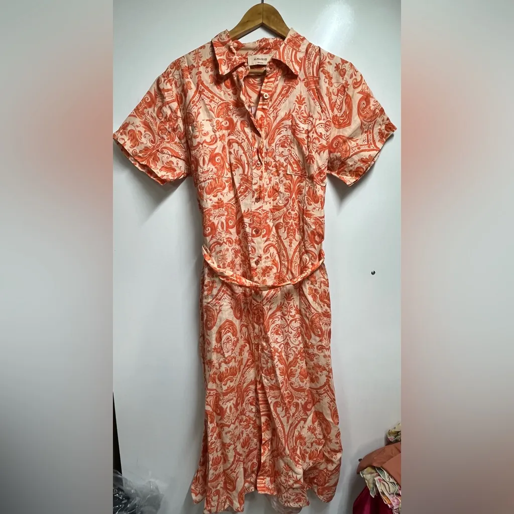 100% Lino Linen NEW Floral Paisley Print Maxi Dress Size Small Alma Ruiz Orange - Image 3