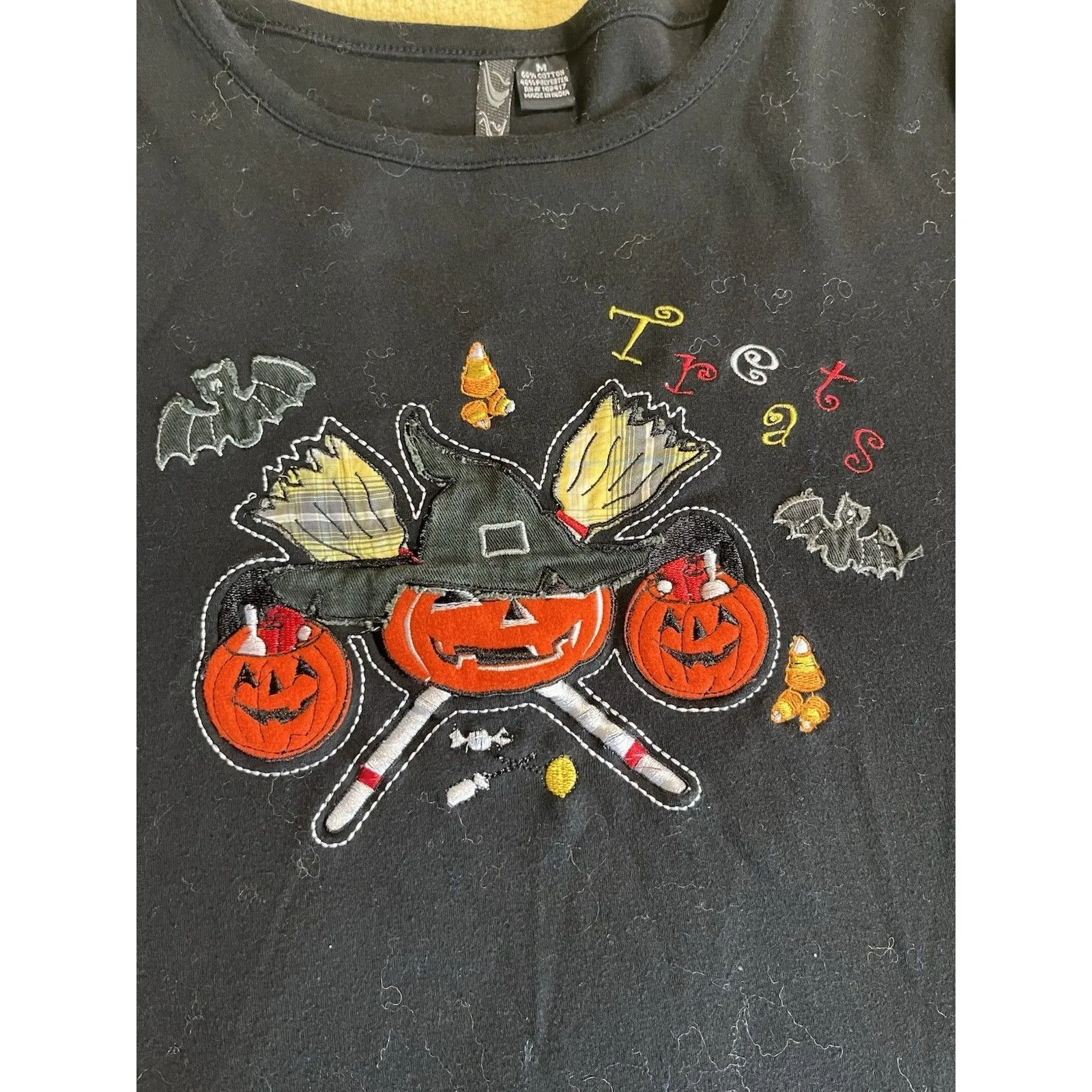 Dollz Long Sleeve Halloween Pumpkin Tee Shirt Size Medium Candy Corn Bats Broom Black - Image 3