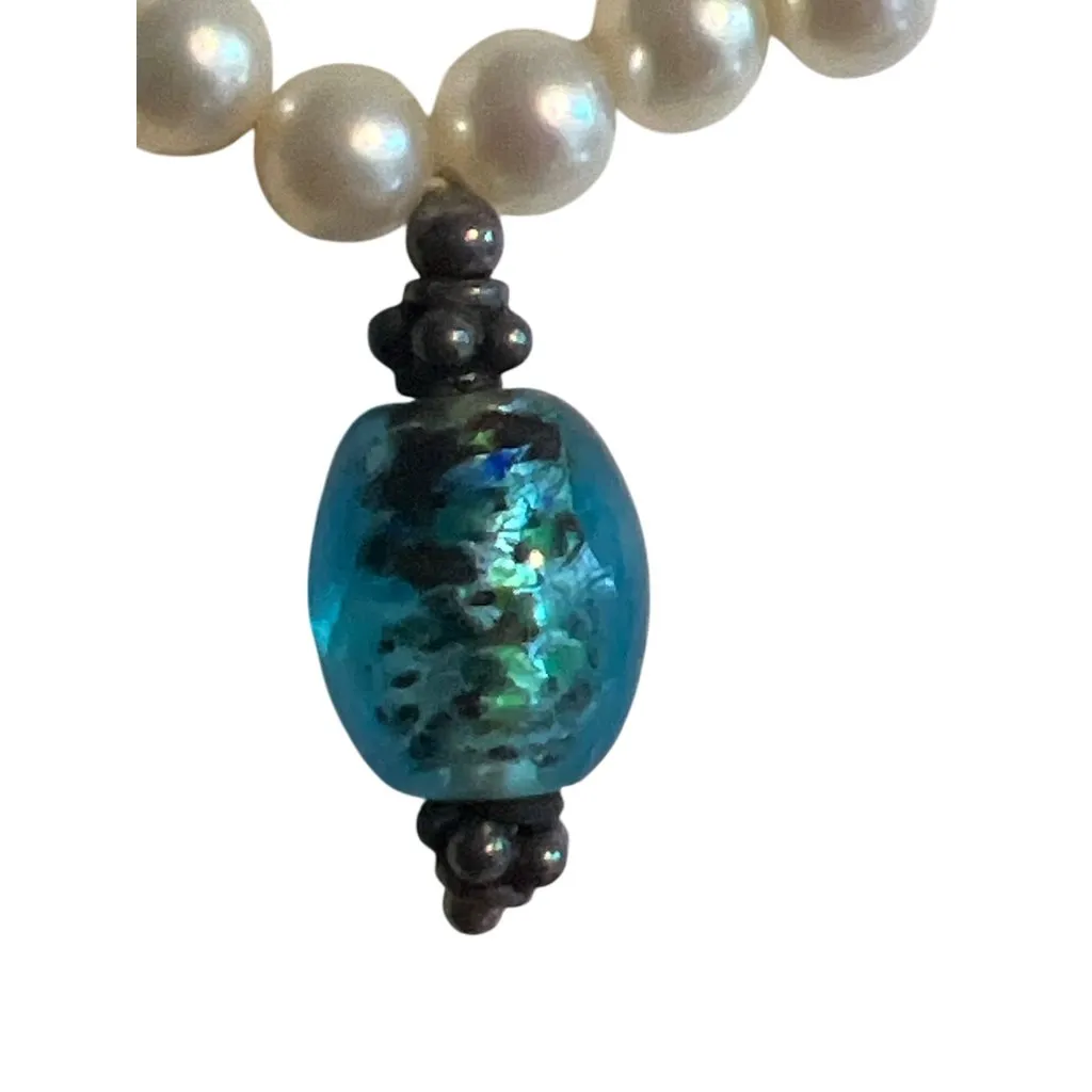 Vtg Sterling Silver Pearl Glass Crystal Necklace Toggle Clasp Lampwork Estate 17 White - Image 2