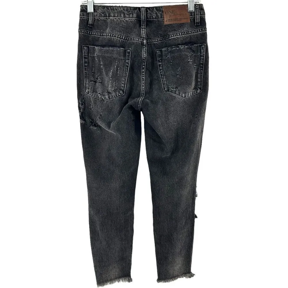 One Teaspoon Freebird High Waist Distressed Black Raw Hem Jeans Size 26 - Image 7