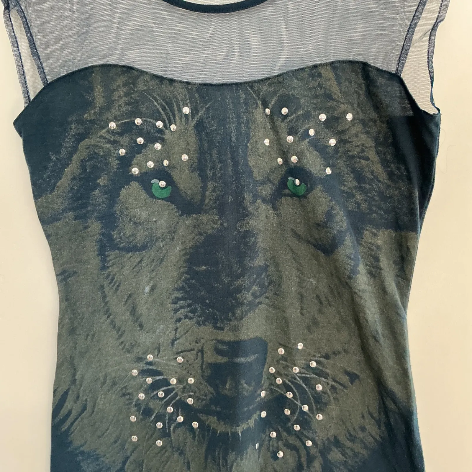 Sheer Mesh Wolf Graphic Top Rhinestone Studded Gothic Y2K Fairy Grunge Sz S Black - Image 2