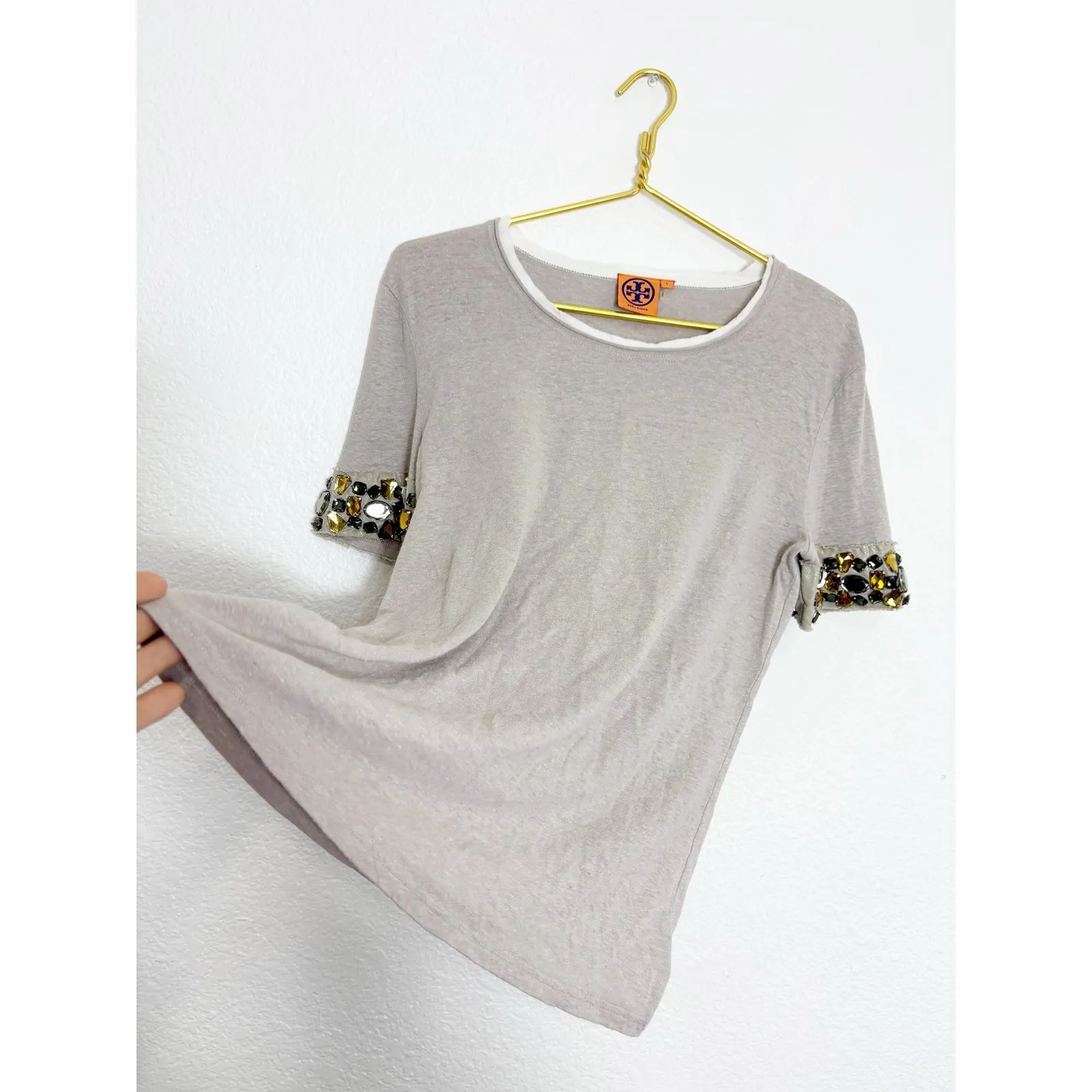 Tory Burch Hemp Cotton Jeweled Short Sleeve Size Large Beaded Cuff Lightweight - Image 9