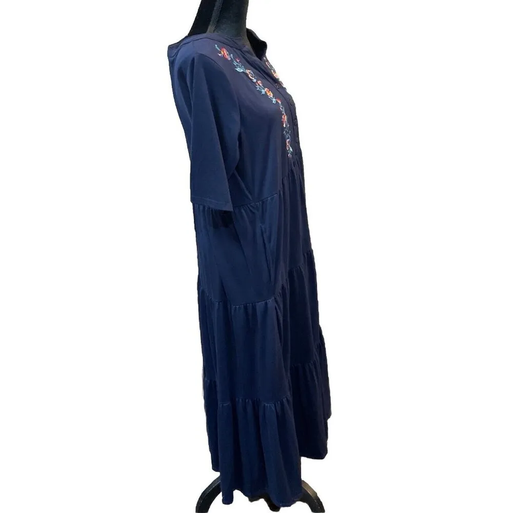 Woman Within Medium 14/16 Maxi Dress Blue Embroidered Floral Boho Cottage Travel - Image 4