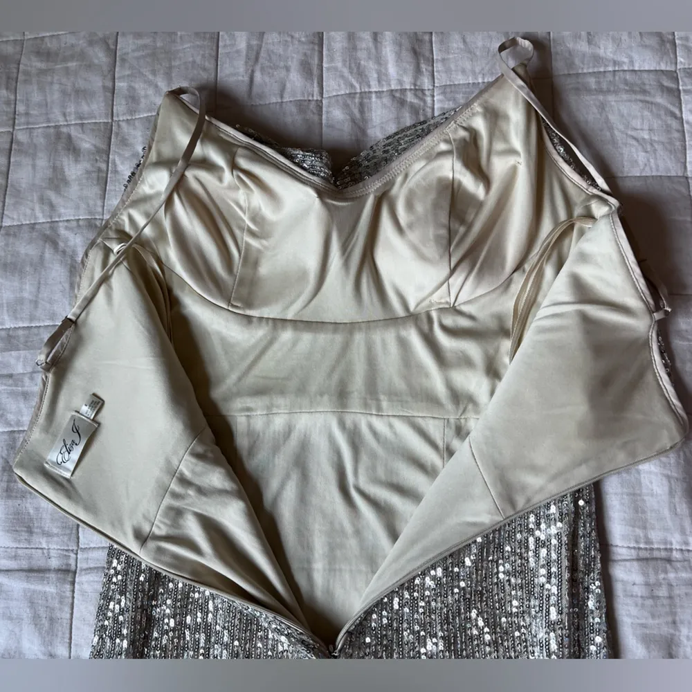 Eliza J Champagne Cowl Neck Sequin Gown Spaghetti Straps Leg Slit Formal - 8 - Image 4