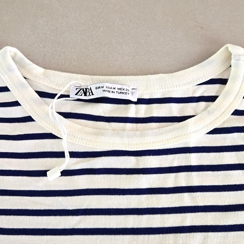 Zara Navy Striped Crew Neck Cropped Top - Image 2
