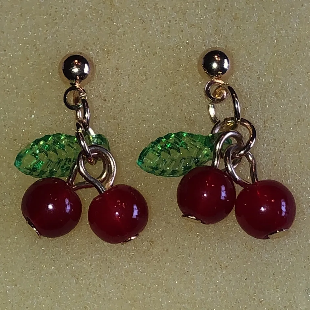 Gold Tone Cherry Drop Earrings with Green Leaves Red - Image 5