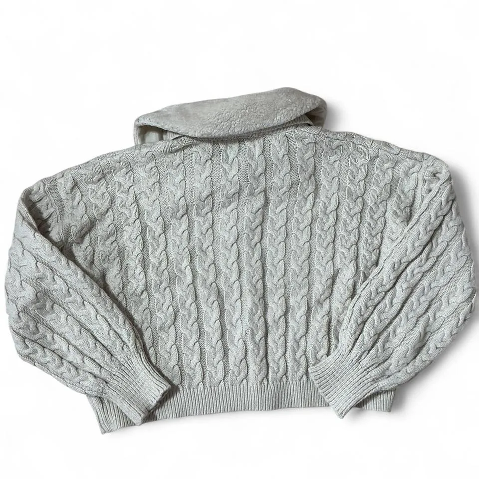 PINK ROSE Cable Knit Faux Fur Collar Cardigan Sweater Cream Beige Penny Lane - Image 6