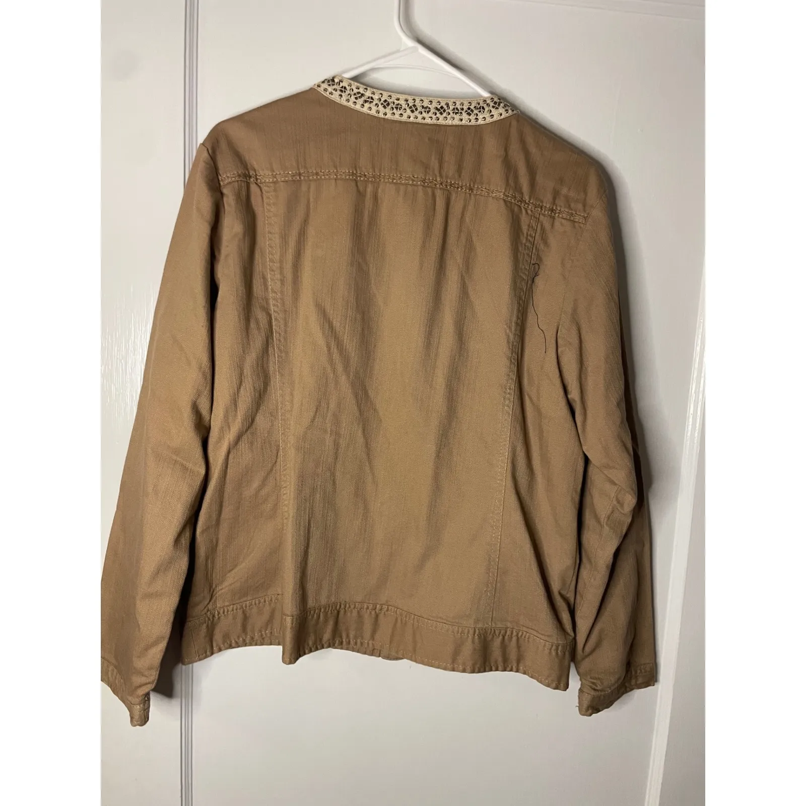 Chico's Embellished Collarless Jacket Tan Brown Neutral Womens Size 2 Large - Image 3