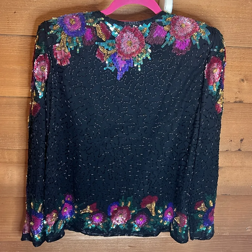 Vintage Laurence Kazar New York Silk Beaded Floral Jacket Blazer 60s Avant Garde - Image 6