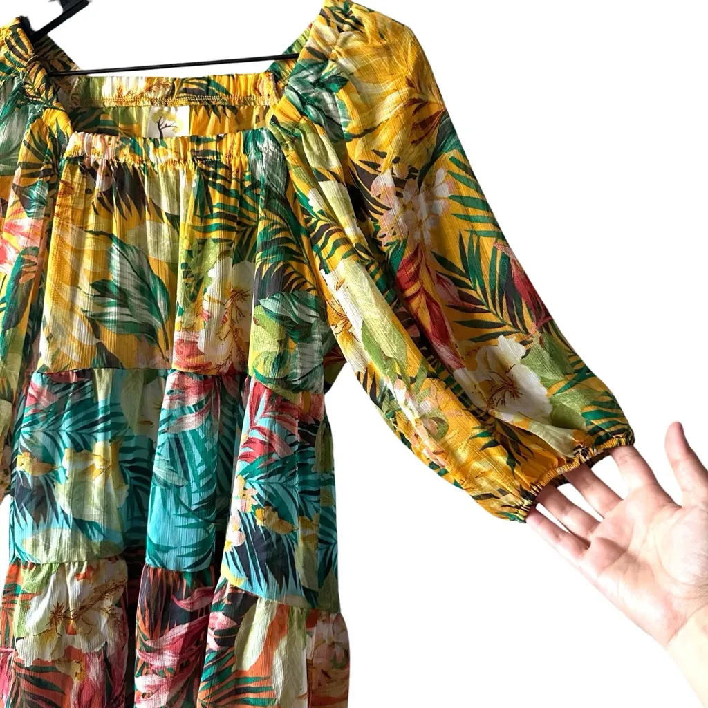Fig & Flower Anthropologie Tropical Floral Peplum Top Puff Sleeve M Yellow Size M - Image 3