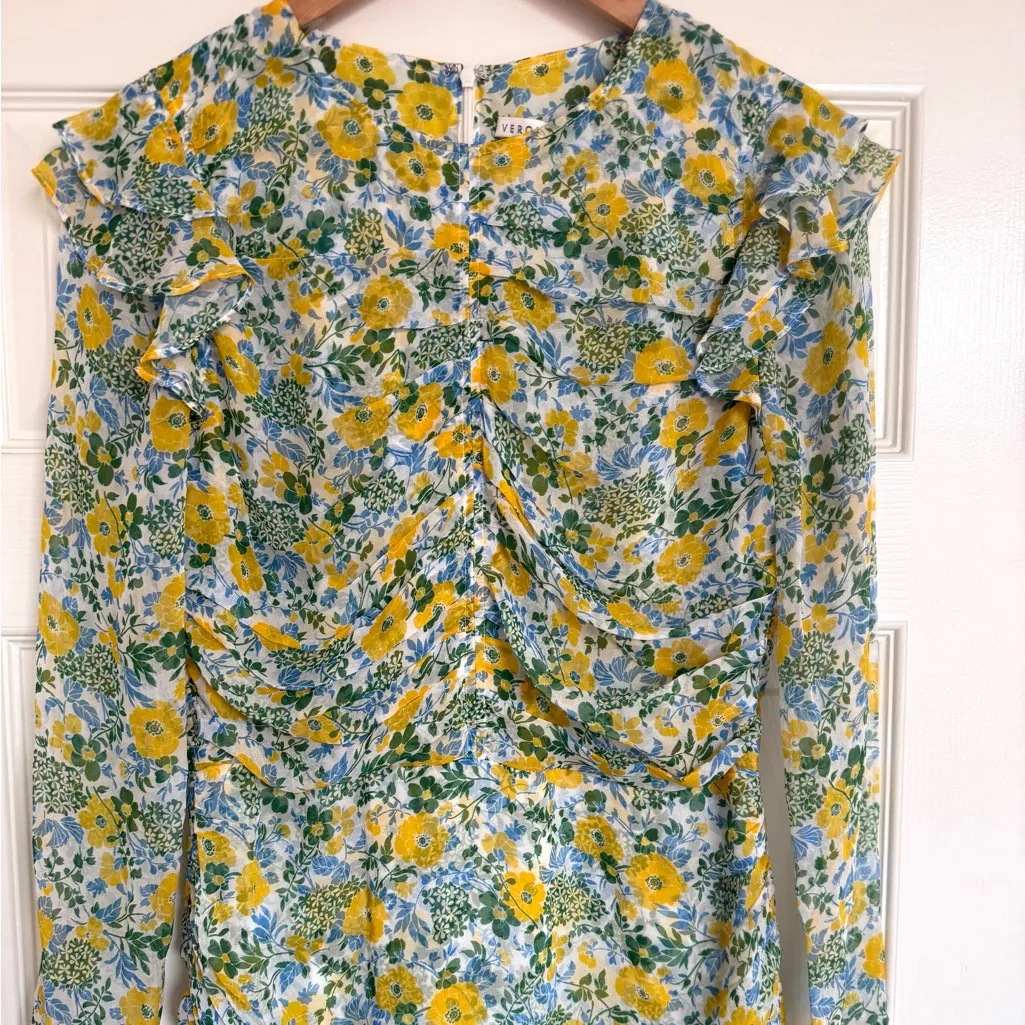 Veronica Beard Ruched Floral Silk Chiffon Mini Long Sleeve Dress 6 Yellow Blue - Image 5