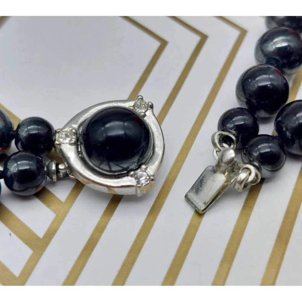 Vintage Black Glass Bead Double Strand Necklace Hidden Silver Tone Clasp 17 Inch - Image 8