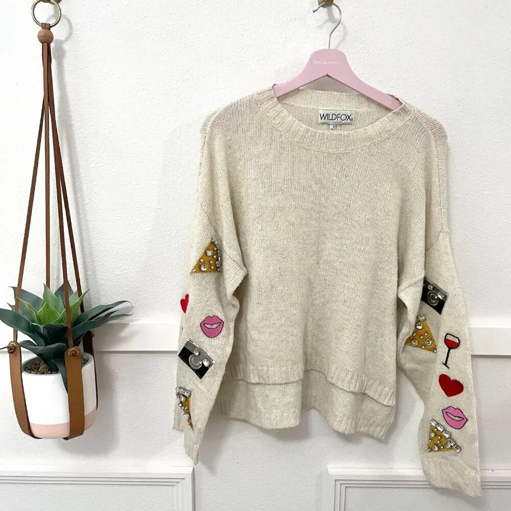 Wildfox Emoji Knit Jeweled Ivory Sweater Size XS - Image 2