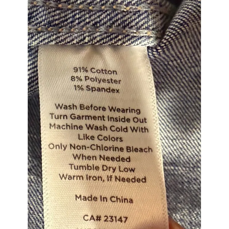 Talbots Women Denim Jean Jacket Sz L Blue Distressed Fringe Button Front Pockets - Image 4