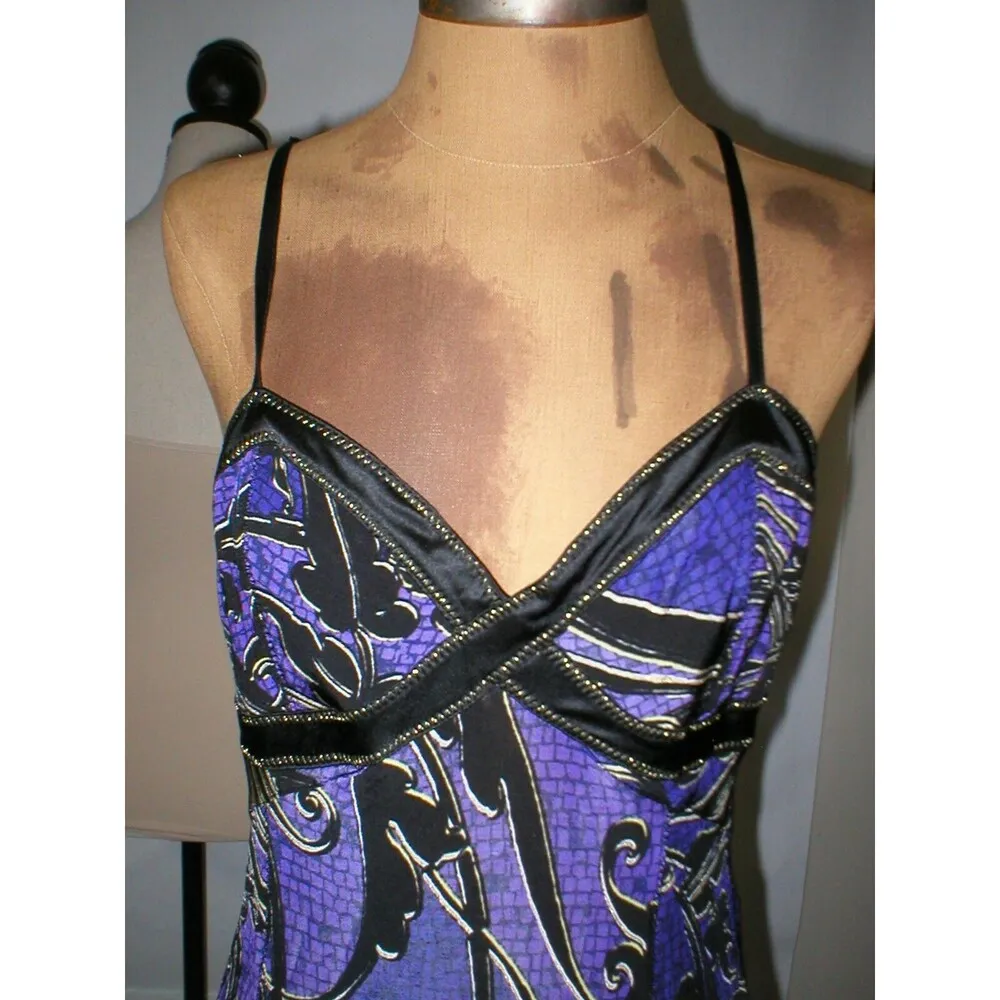 New Womens 8 NWT Italy Just Cavalli Purple Metallic Black Ruffle Print Dress 44 - Image 2
