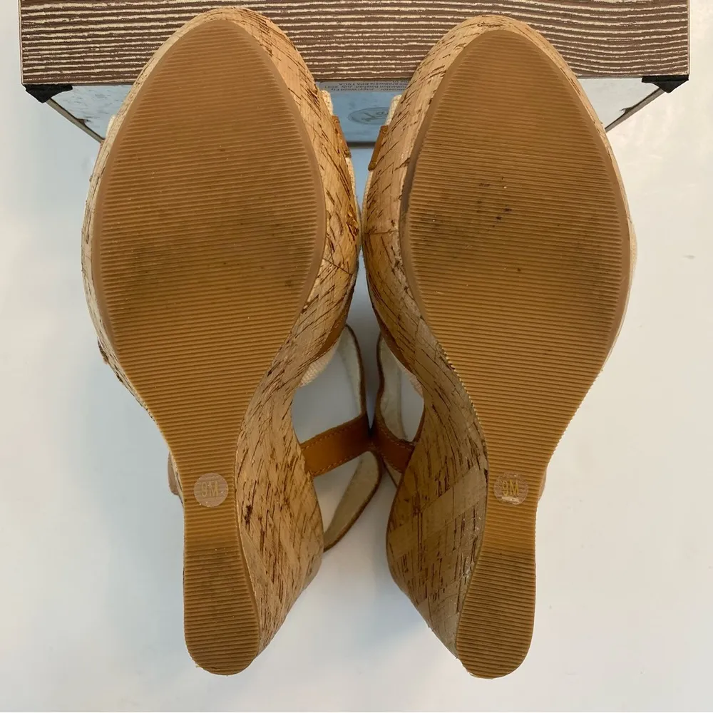 Michael Kors Melody Wedge Leather Canvas Platform Sandals Peanut Tan Sz 9 Resort - Image 8