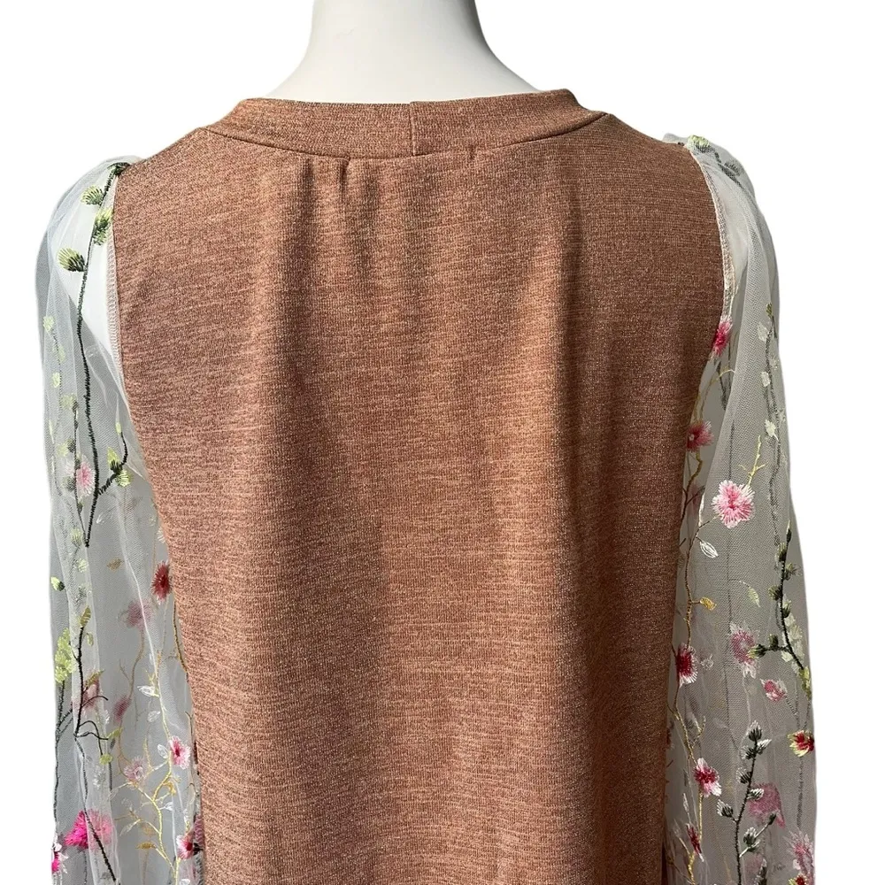 Renee C. Brown Metallic Dress with Sheer Mesh Embroidered Long Sleeves; Sz M - Image 9