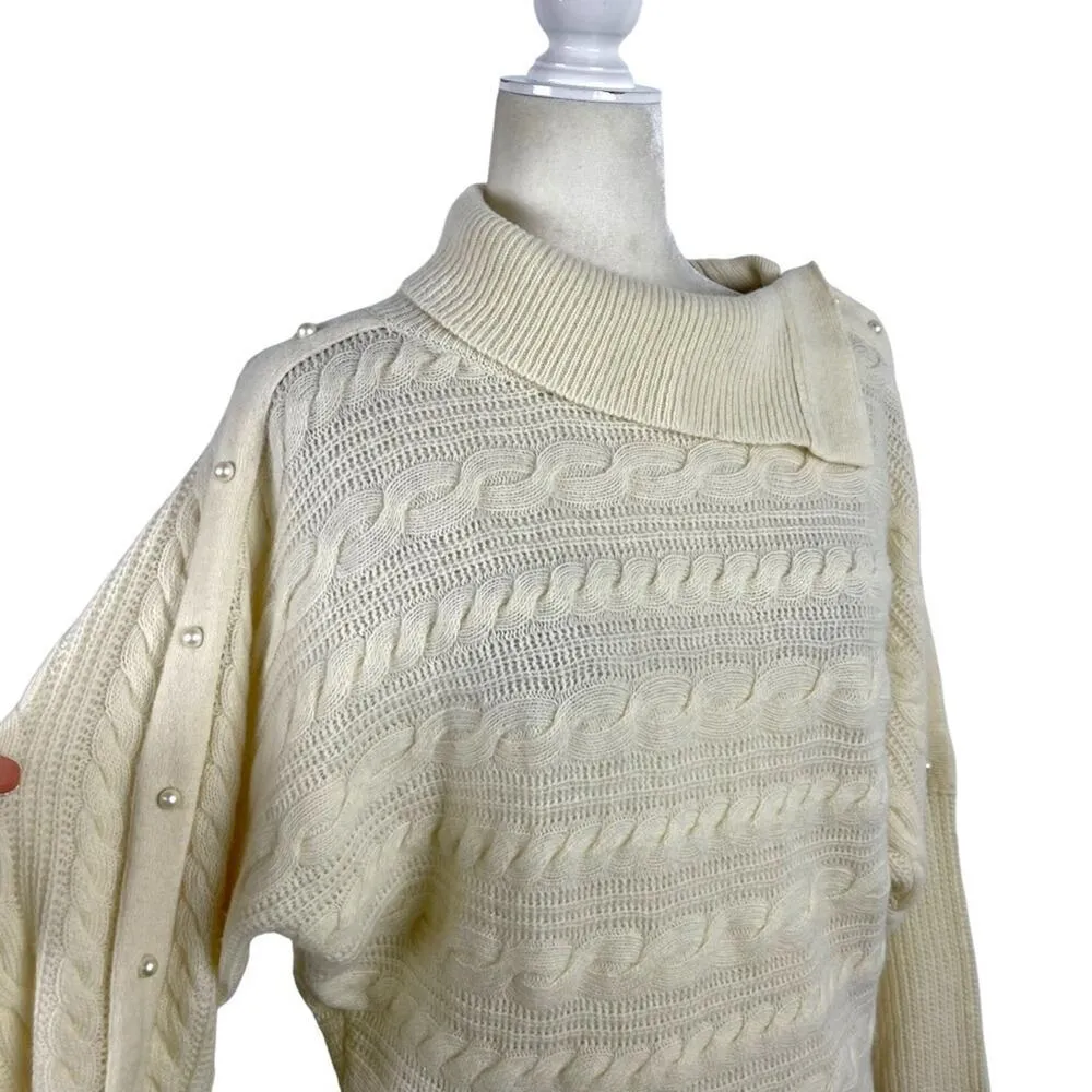 PHILOSOPHY DI LORENZO SERAFINI Pearl Embellished Cable Knit Boxy Sweater Size 4 White - Image 11