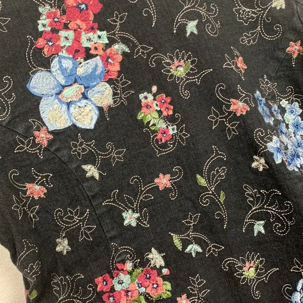 Denim & Co womens small black floral embroidered button up jacket blazer fairy b - Image 11