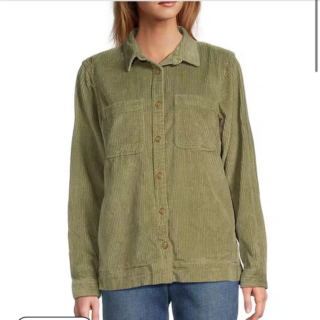 LL Bean Women Corduroy Long Sleeve Button Down Shacket Shirt Petite Lg Outdoor Green Size undefined - Image 2