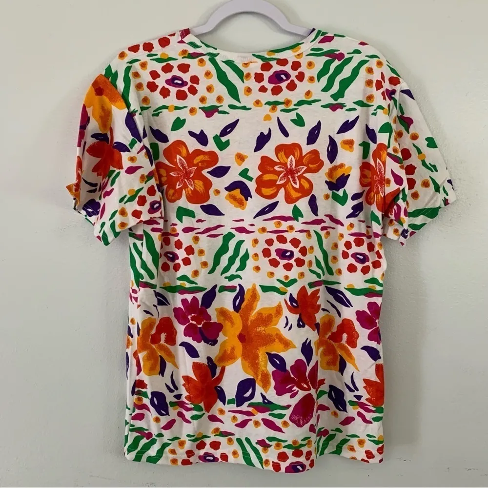 Vintage 1980s Artsy Abstract Tropical Floral Print Jersey Knit T Shirt Size M Pink Size M - Image 3
