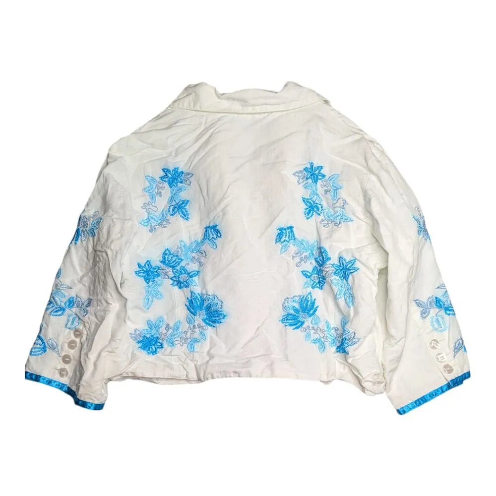 Vtg Y2K Live a Little White Blue Floral Embroidered Button Up Cropped Jacket XL - Image 2
