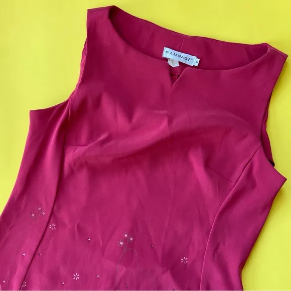 Vintage 90's Dark Pink Floral Embellished Boatneck Sleeveless Dress - Image 2