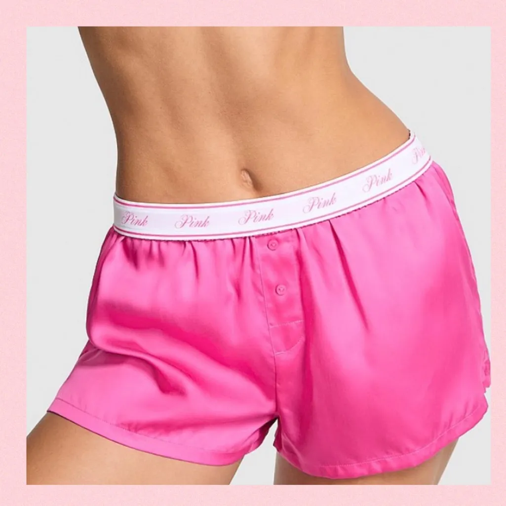 PINK VICTORIA’S SECRET Silky Pink Pajama Shorts Bling “PINK Backside Logo SMALL - Image 2